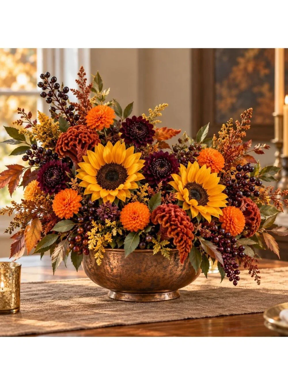 Pumpkin Orange Mini Pom Pom Mums, 4 Stem Artificial Faux Flower Bunch, Fall